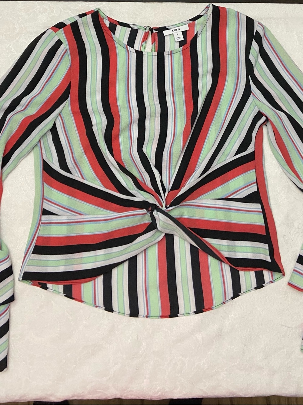Bar III Striped Twist-Front Blouse - Black, Red & Mint Green Bell Sleeve - Picture 5 of 8